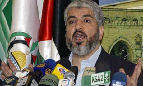 The exiled Hamas leader, Khaled Meshaal, speaks at a press conference in Damascus