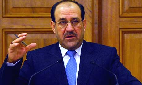 The Iraqi prime minister, Nuri al-Maliki, speaks in Baghdad. Photograph: Ho/EPA