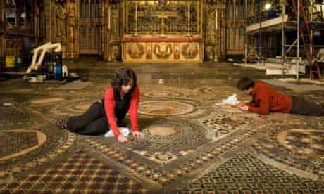 Conservation work being performed on the 13th century Cosmati pavement, constructed from medieval coloured tile and gemstone, at Westminster Abbey