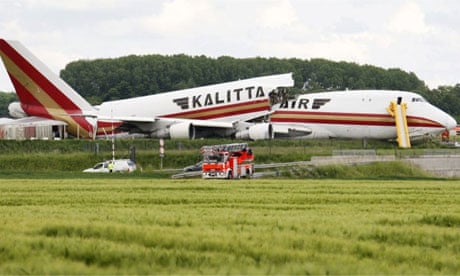 A cargo plane of the American company Kalitta Air that crashed and split in half at Brussels Zaventem airport