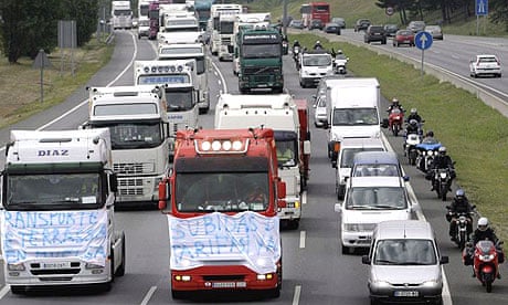 Spanish hauliers bring traffic to standstill near Barcelona at the start of an indefinite strike to protest against rising fuel prices