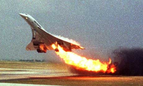 The doomed Air France Concorde flight 4590 on fire as it takes off from Paris