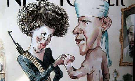 The controversial cover of The New Yorker magazine on July 14, 2008 in New York City, which carries an illustration depicting Barack and Michelle Obama, dressed as a Muslim and a gun-toting militant