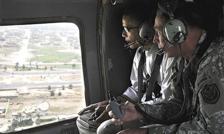 The commander of US forces in Iraq, David Petraeus, describes Baghdad to visiting Barack Obama as they fly from the airport to the Green Zone in a helicopter