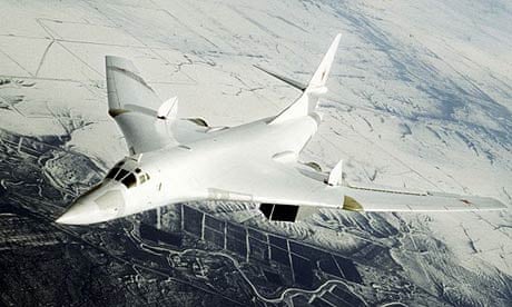 A Russian Tupolev-160 bomber during a combat training flight near the Engels air force base in the Saratov region of Russia, about 700 km (450 miles) southeast of Moscow