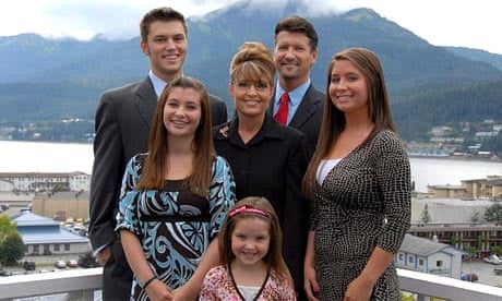 The Alaskan governor, Sarah Palin (centre), and family. Clockwise from back: Son Track, husband Todd, and daughters Bristol, Piper and Willow