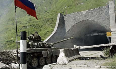 A Russian armoured vehicle enters the Roki tunnel in South Ossetia