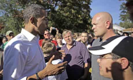 Barack Obama answers a question from plumber Joe Wurzelbacher in Holland, Ohio, Sunday, October 12, 2008. (AP Photo/Jae C Hong)