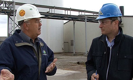 Ed Pilkington with ethanol plant worker in Craig, Missouri