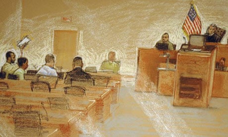 Ali Hamza al-Bahlul (far left) on trial in Guantanamo Bay, Cuba