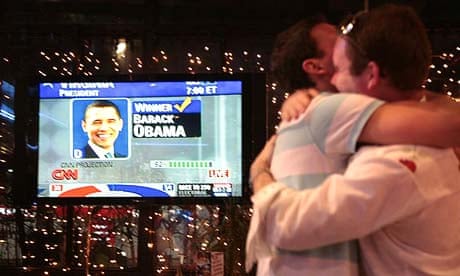  People celebrate the victory of US presidential candidate Barack Obama in a bar in Moscow