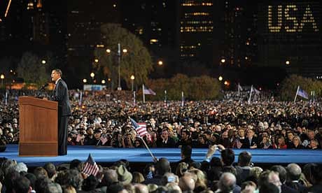 Barack Obama addresses supporters during his election night victory rally at Grant Park in Chicago.