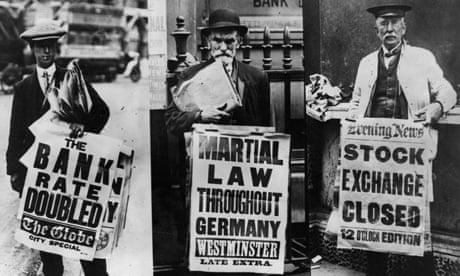 Three street news vendors displaying their headline boards relating to the financial crisis and martial law in Germany. August 1 1914