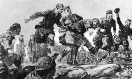Christmas Truce in the Trenches : Friend and Foe Join in a Hare Hunt'. Drawing by Gilbert Holliday, from a description by an eyewitness rifleman