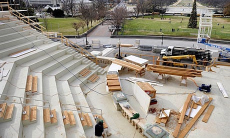 Workers constructing the platform for Barack Obama's inauguration in Washington