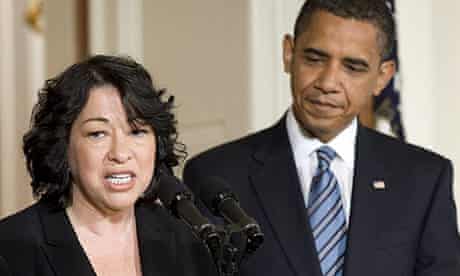 Supreme court justice nominee Sonia Sotomayor speaks as Barack Obama looks on at the East Room of the White House