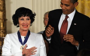 Barack Obama presents the presidential medal of freedom to actress, singer and dancer Chita Rivera at the White House 