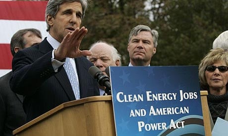 US senators John Kerry and Barbara Boxer unveil a bill titled the Clean Energy Jobs and American Power Act at a news conference in Washington.