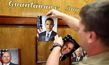 An image of President Barack Obama is put up at Guantanamo Bay.