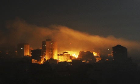 A Hamas security facility in Gaza City burns