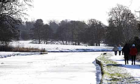 A frozen canal towpath in Staffordshire yesterday