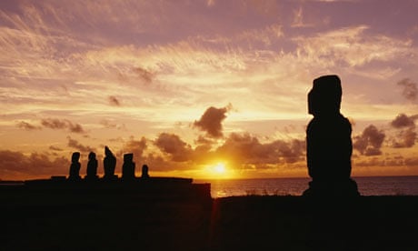 Moai statues at dusk, Tahai Archaeological Site, Rano Raraku, Easter Island, Chile
