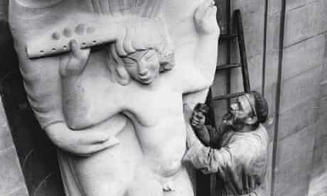 Eric Gill working on Prospero and Ariel