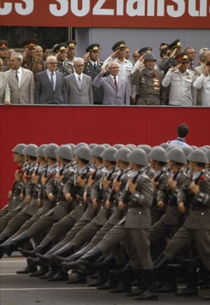 Berlin Wall: Leonid Brezhnev and Erich Honecker watch a military parade