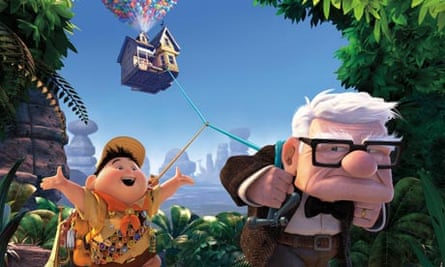 Up film still of old man pulling his house through the air