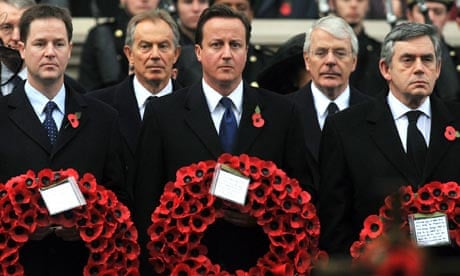 Nick Clegg, Tony Blair, David Cameron, John Major and Gordon Brown at the Cenotaph in London