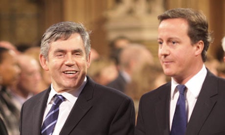 Gordon Brown and David Cameron at the state opening of parliament on 18 November 2009.