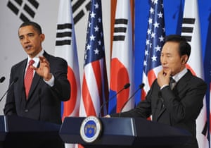 Obama in South Korea: President Barack Obama speaks at a conference with President Lee Myung-bak