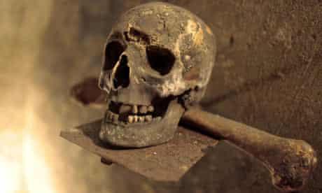Human skull and a bone placed in the crypt under Mchaelerkirche in the centre of Vienna
