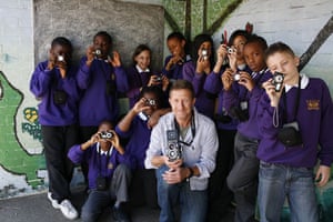 Kingsmead School: Photographer Gideon Mendel with pupils from Kingsmead school