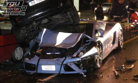 An Italian police Lamborghini Gallardo that crashed into parked cars