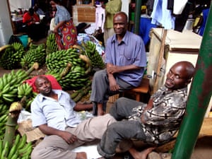Owino market fire: Men sell bunches of bananas at Owino market in Kampala, Uganda.