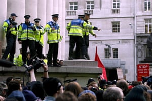 G20 protests and security: Police keep watch over proceedings outside the Bank of England.