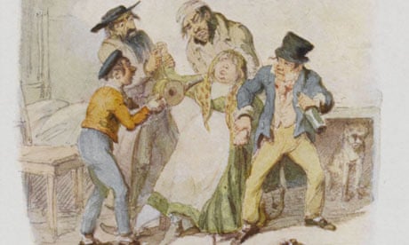 Oliver, Fagin, Sikes and the Artful Dodger surround Nancy in an early illustration