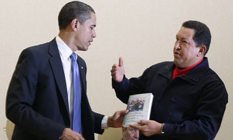 Chavez gives a book to Obama during the Summit of the Americas in Port of Spain