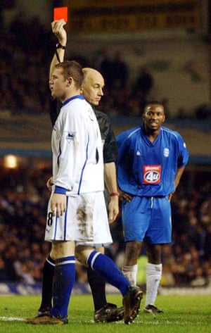 Hot headed Rooney: Rooney is sent off for a tackle on Birmingham's Steve Vickers