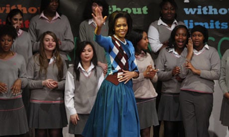 Michelle Obama during a visit to Elizabeth Garrett Anderson Language School in London