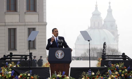 Barack Obama speaks during a public address in Prague