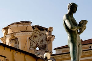 Before & after earthquake: dome of the damaged Cathedral in the centre of L'Aquila