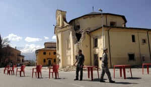 Before & after earthquake: cordoned off damaged church in Paganica