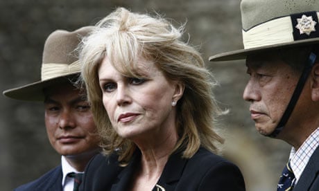 British actress Joanna Lumley with former Gurkha soldiers outside parliament after speaking to MPs