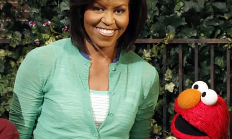 Michelle Obama and Elmo on Sesame Street set 