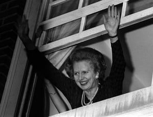 Margaret Thatcher: 1983: Jubilant Prime Minister Margaret Thatcher waves to well-wishers
