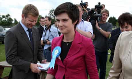 Tory candidate Chloe Smith arrives at the count for the Norwich North byelection.