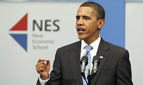 Barack Obama giving a speech in Moscow