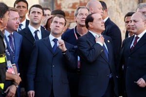 G8 summit update: Dmitri Medvedev and Silvio Berlusconi visit L'Aquila, Italy